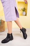 Black Skin Short Women's Boots with Ornamental Zipper