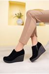 Filled Sole Side Zipper Black Suede Women's Shoes