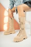 Beige Suede Women's Double Buckle Boots