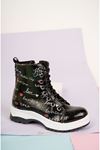 Thermo Sole Printed Black Patent Leather Kids Boots