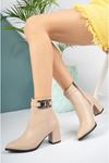 Beige Skin Women's Boots with Pointed Molded Buckle