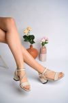 Single Band Biyesi Stone Heeled Cream Women's Sandals