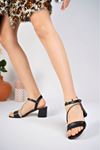 Black Women's Sandals with Single Band Biyesi Stone Heel