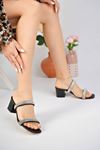 Black Women's Slippers with Heeled 2-Band Stones