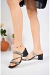 Black Women's Slippers with Heeled 3-Band Stones