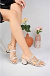 Cream Women's Slippers with Heeled 3-Band Stones