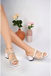 White Women's Slippers with Heeled 3-Band Stones