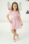 Çizgili Viskon Kol Fırfırlı Pembe Kız Çocuk Elbise