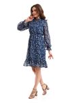 Navy Blue Patterned Chiffon Dress with Piping