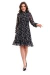 Black Patterned Chiffon Dress with Piping