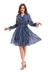 Double-breasted Navy Blue Patterned Chiffon Dress