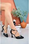 Black Satin Women's Sandals with Goblet Heel Cross Strap Stone Bowknot