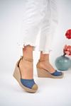 Filled Heel Straw Navy Blue Denim Pencil Shoes