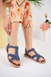 Navy Blue Denim Women's Sandals with Cross Strap Poles